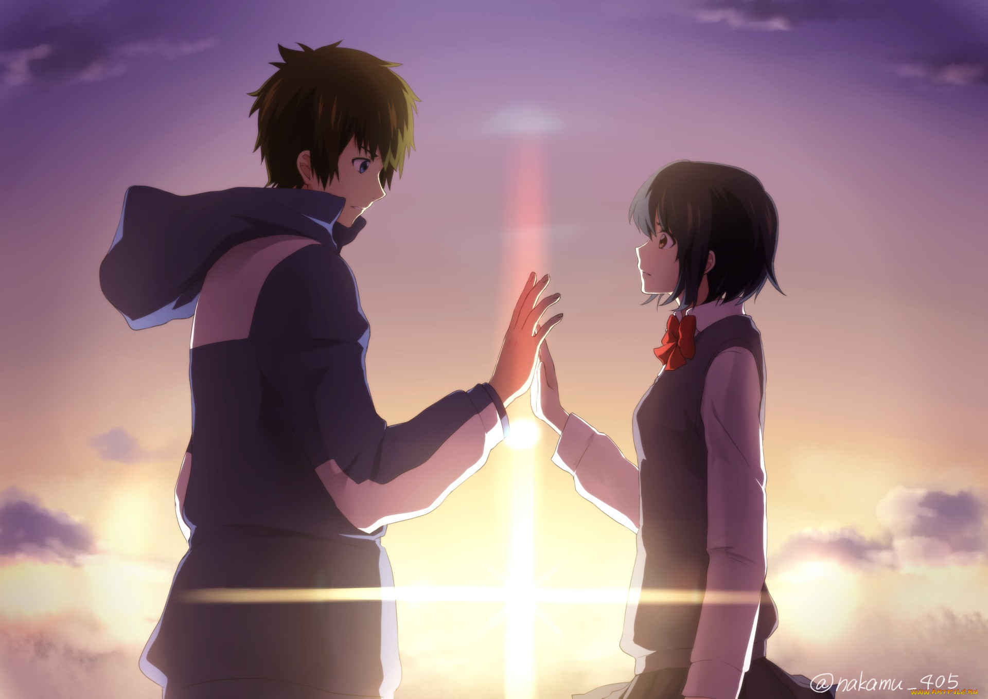 Обои Аниме Kimi no Na wa, обои для рабочего стола, фотографии аниме, kimi  no na wa, парень, фон, взгляд, девушка Обои для рабочего стола, скачать  обои картинки заставки на рабочий стол.